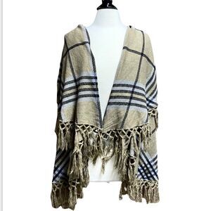 Coco + Carmen Taupe Plaid Fringed Vest Cape NWT